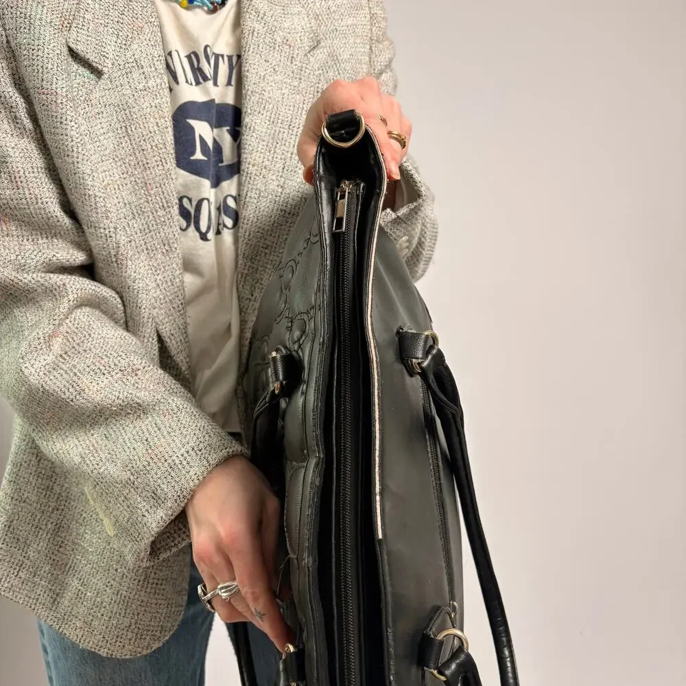 Black Quilted Logo Vegan Leather Tote - Spacious